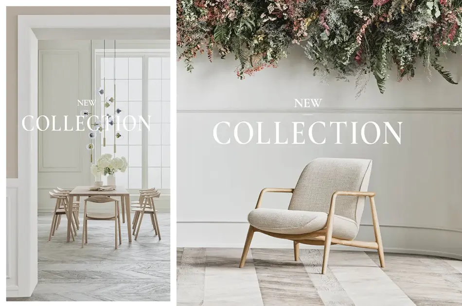 spisebordsett og lenestol i lyst tre og lyse puter