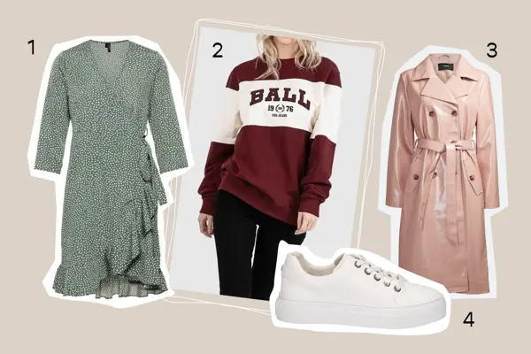 Kollasj av kjole, kåpe og hvite sneakers