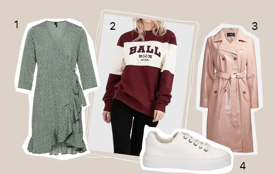 Kollasj av kjole, kåpe og hvite sneakers