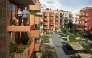 Illustrasjon av Skårerløkka PREMIUM eksteriør, med en mann og en kvinne på balkong