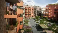Skårerløkka PREMIUM eksteriør, med en mann og en kvinne på balkong