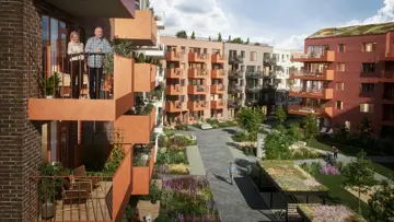 Skårerløkka PREMIUM eksteriør, med en mann og en kvinne på balkong