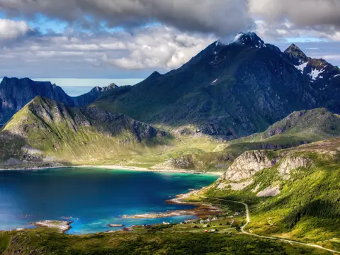View from Offersoykammen on Vestvagoy in Lofoten, Nordland, Norway, with Vikbukta and Hauklandstranda (Haukland Beach)