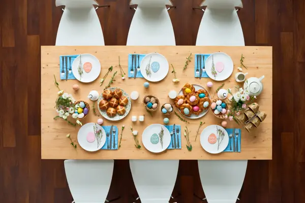 Directly above shot of beautiful Easter table setting: elegant white plates with small egg-shaped greeting cards standing on blue napkins, homemade buns spreading appetizing smell, colorful eggs lying in baskets