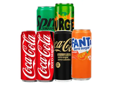 Utvalg av brusbokser fra Coca-Cola, Sprite, Urge og Fanta.