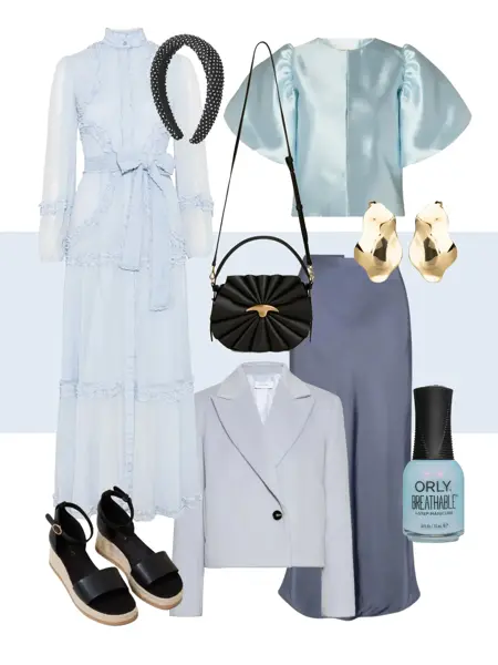 Lang lyseblå kjole med lange ermer, lyseblå topp med puffermer, blått satengskjørt langt, dueblå neglelakk, gull øredeobber, sort skulderveske, sorte sandaler, lyseblå kort dressjakke.