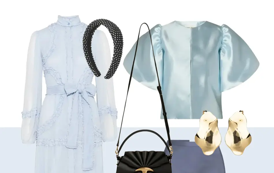 Lang lyseblå kjole med lange ermer, lyseblå topp med puffermer, blått satengskjørt langt, dueblå neglelakk, gull øredeobber, sort skulderveske, sorte sandaler, lyseblå kort dressjakke.