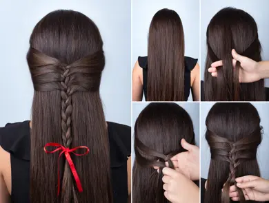 Hairstyle for long hair. Simple braid hairstyle with red bow for celebration new year. Hairstyle. Tutorial. Hair model