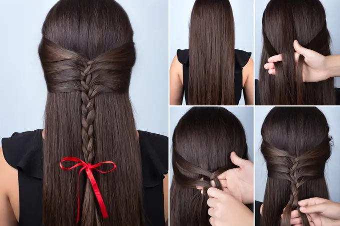 Hairstyle for long hair. Simple braid hairstyle with red bow for celebration new year. Hairstyle. Tutorial. Hair model