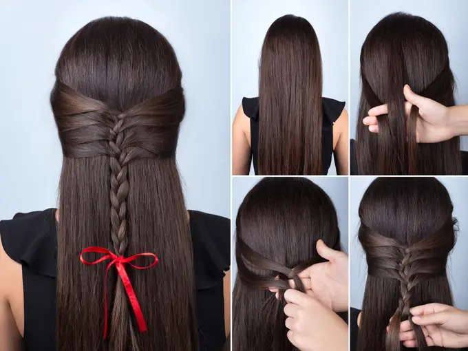 Hairstyle for long hair. Simple braid hairstyle with red bow for celebration new year. Hairstyle. Tutorial. Hair model