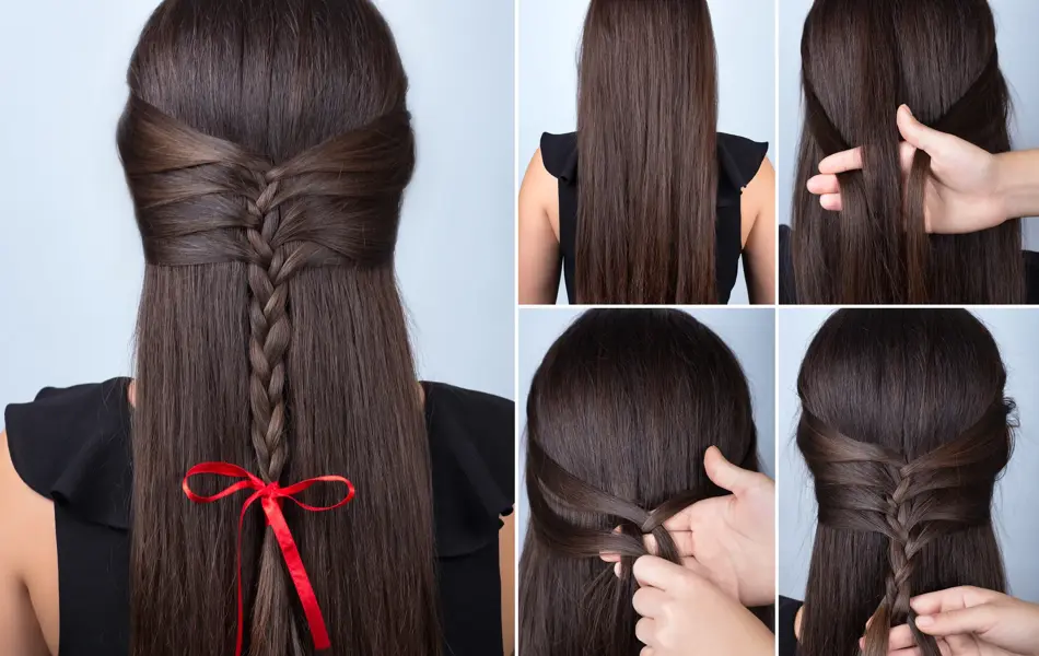 Hairstyle for long hair. Simple braid hairstyle with red bow for celebration new year. Hairstyle. Tutorial. Hair model