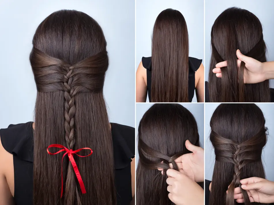 Hairstyle for long hair. Simple braid hairstyle with red bow for celebration new year. Hairstyle. Tutorial. Hair model