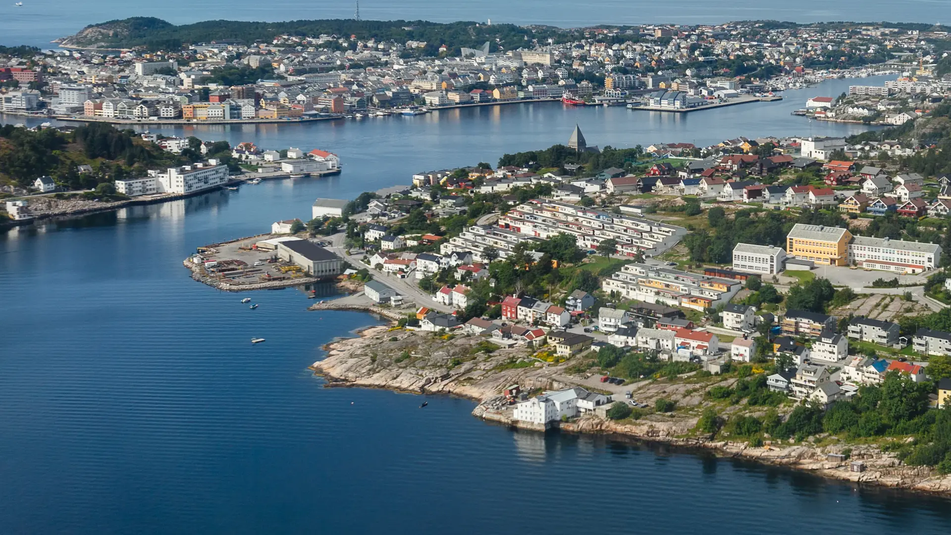 View on Kristiansund city from airplane. Norway. Horizontal shot.