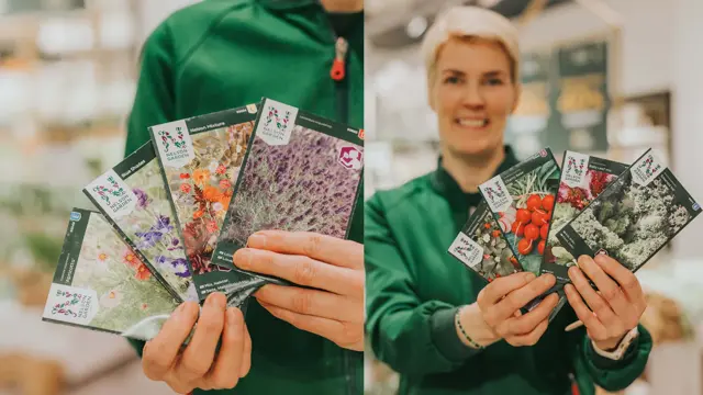 Dame som holder opp pakker med frø