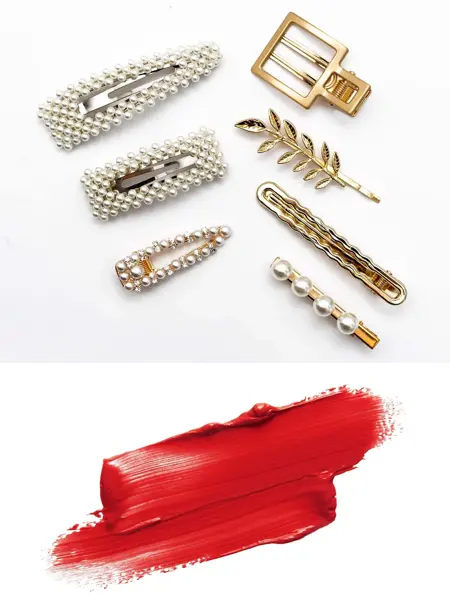 Kombinasjon av to bilder: Ulike hårspenner øverst og leppestiftfarge nederst