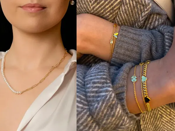 Nærbilde av perlekjede på en damehals, ermer med mange armbånd.