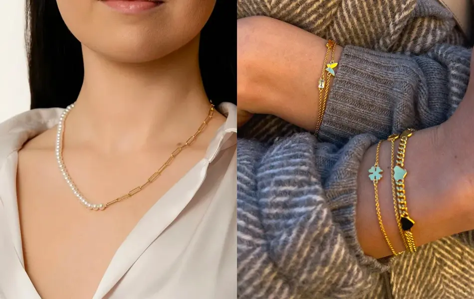 Nærbilde av perlekjede på en damehals, ermer med mange armbånd.