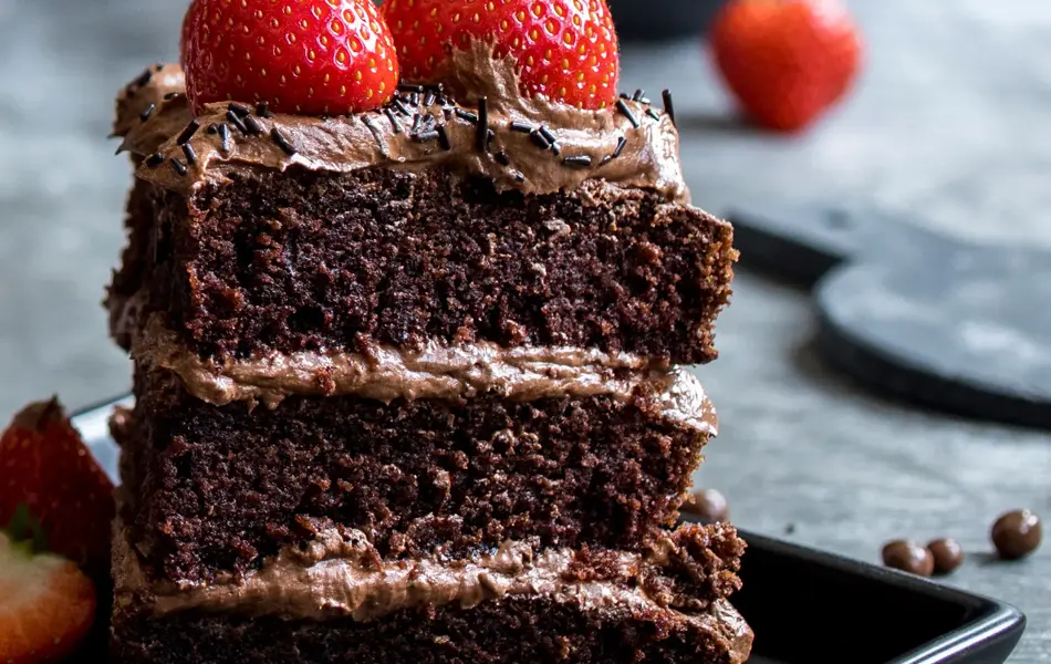 Et stykke  sjokoladekake i tre lag med jordbær på toppen