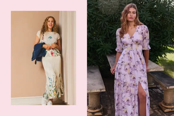 Dame med topp og og langt skjørt med blomsterdetaljer. Dame med lang rosa og blomstrete kjole.