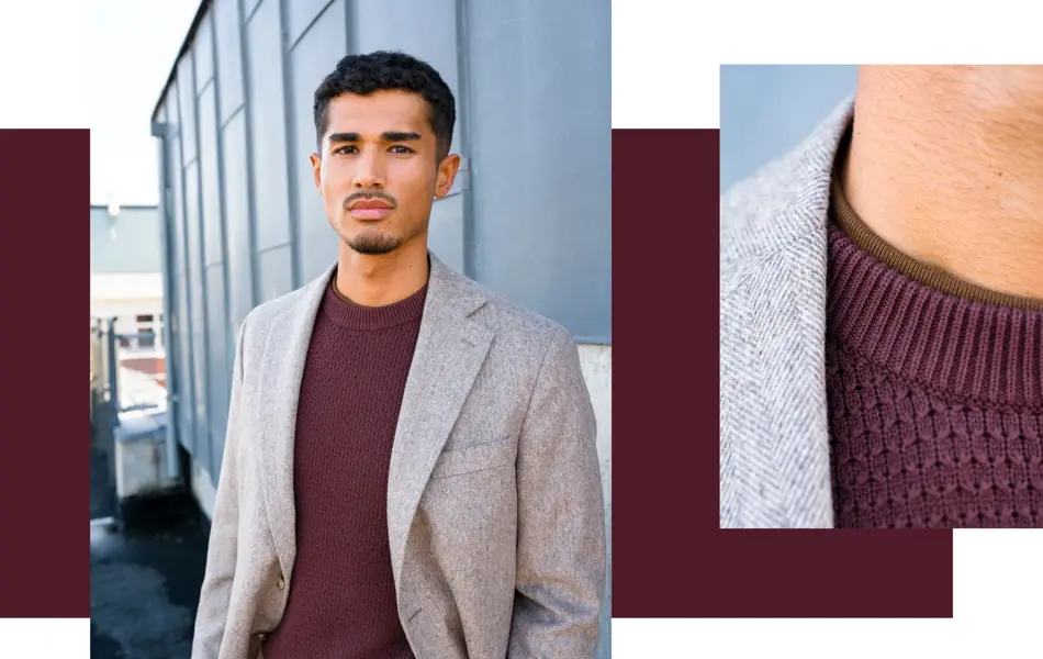 Fin detalj. En brun T-skjorte popper opp under strikkegenseren.  Superfin kombo, synes vi! Genser fra Lindeberg, Volt kr 1.299,- //  T-skjorte fra Cubus, kr 299,- // Belte fra These Glory Days, Volt kr 499,-