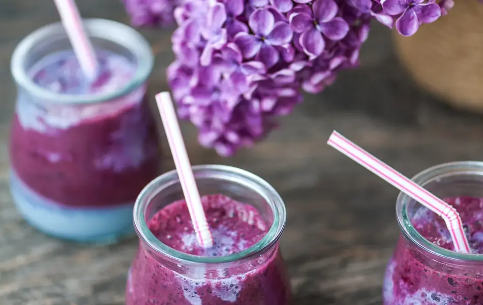 Blueberry smoothie in small jars on a wooden rustic table and lilac flower 
