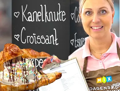 Bilde av Croissant med is, ved siden av en dame