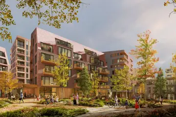 Illustrasjon som viser fasaden av boligprosjektet Flytårnet felt 8.4 på Fornebu. Et samarbeidsprosjekt mellom OBOS og Thon Eiendom.
