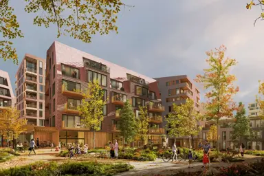 Illustrasjon som viser fasaden av boligprosjektet Flytårnet felt 8.4 på Fornebu. Et samarbeidsprosjekt mellom OBOS og Thon Eiendom.