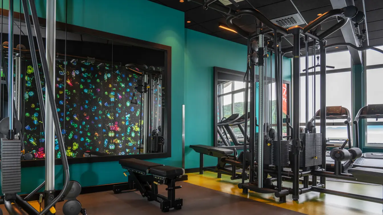 Turkis vegg, stort veggspeil, svart gulv, vinduer fra gulv til tak, diverse treningsapparater. 