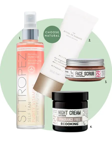 collage som viser diverse miljøvennlige hudpleieprodukter