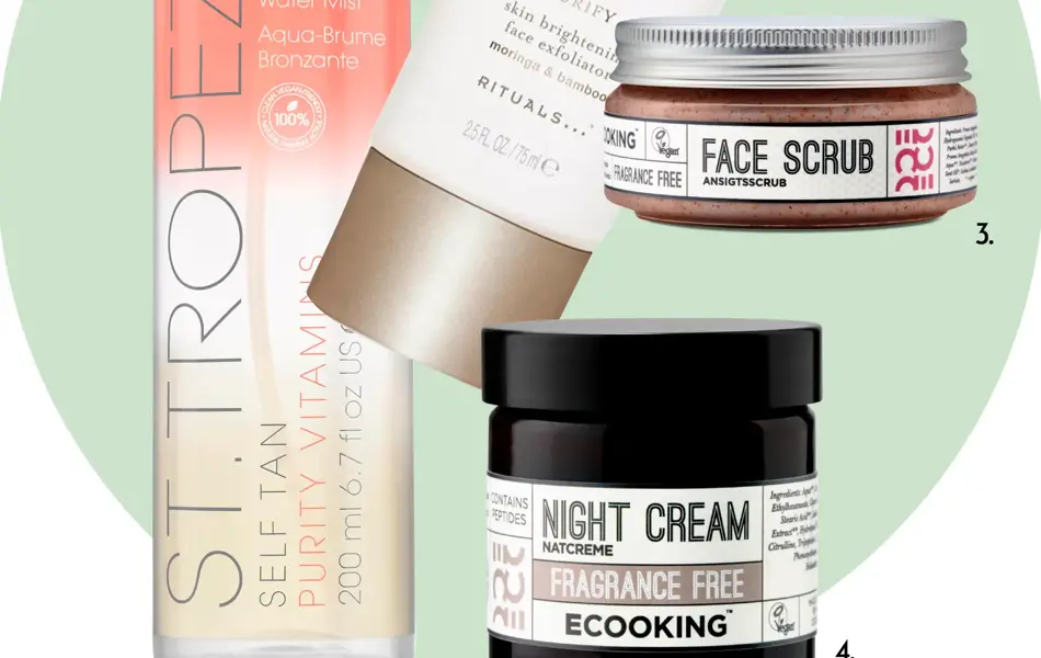collage som viser diverse miljøvennlige hudpleieprodukter