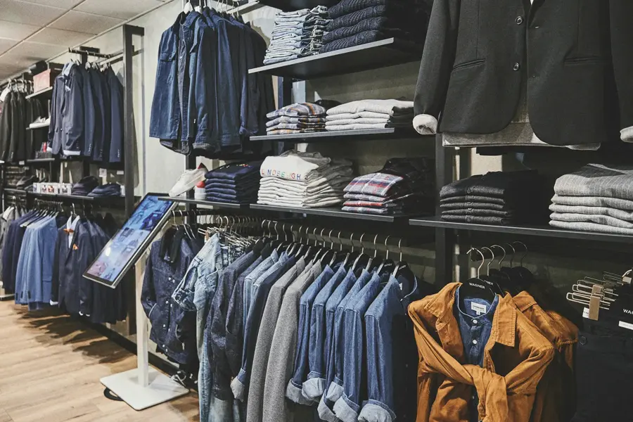 Oversikt på vegg med ulike typer plagg på 