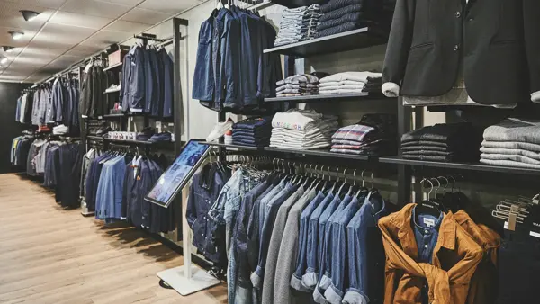 Oversikt på vegg med ulike typer plagg på 