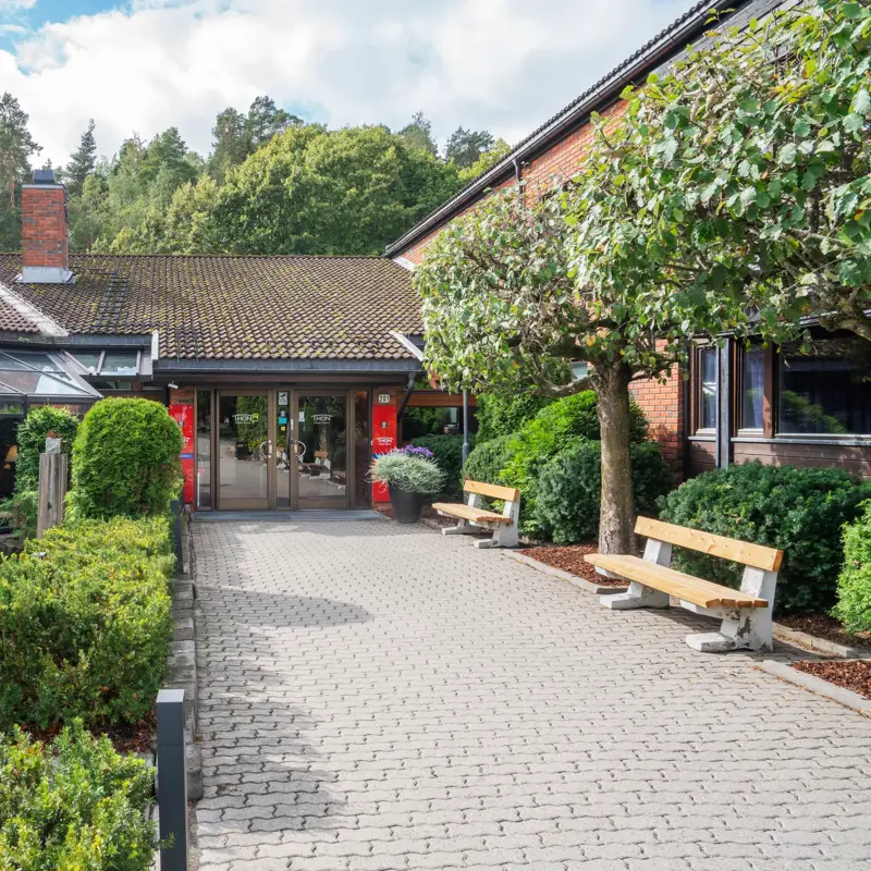 Langt inngangsparti med steinheller, trebenk på høyre side, busker på venstre side, to glassskyvedører i enden av inngangen.