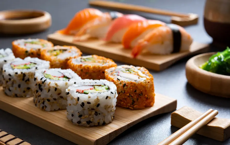 Sushi set uramaki and spicy sushi rolls served on bamboo tray. Various kinds of sushi pieces served on black slate with wooden chopstick. Japanese traditional food with bamboo service.