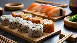 Sushi set uramaki and spicy sushi rolls served on bamboo tray. Various kinds of sushi pieces served on black slate with wooden chopstick. Japanese traditional food with bamboo service.