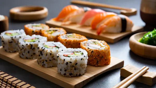Sushi set uramaki and spicy sushi rolls served on bamboo tray. Various kinds of sushi pieces served on black slate with wooden chopstick. Japanese traditional food with bamboo service.