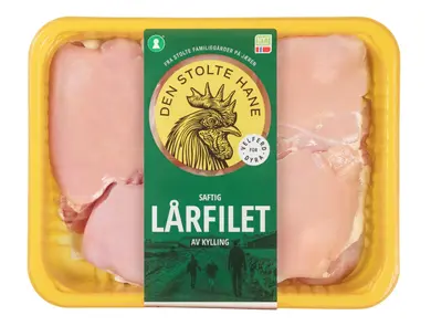 Pakke med saftig kylling lårfilet fra Den Stolte Hane.