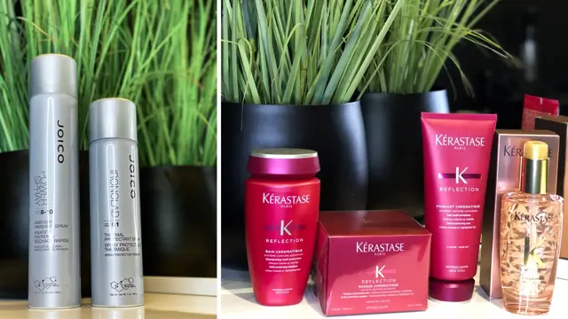 Produkter fra Joico og Kerastase foran plante