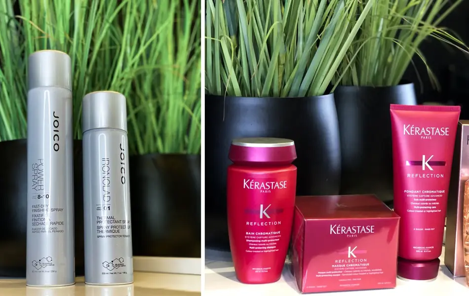 Produkter fra Joico og Kerastase foran plante