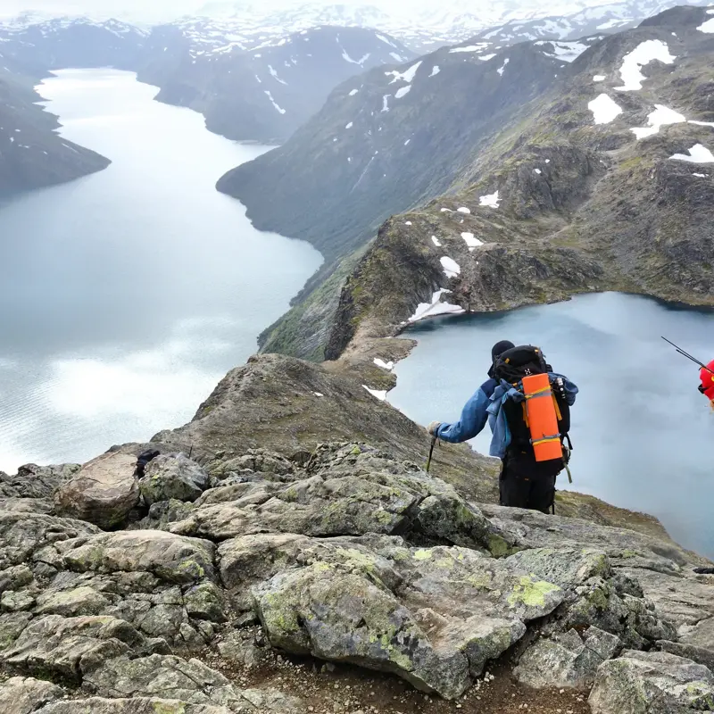 Jotunheimen: People hike the Besseggen trail in Jotunheimen National Park, Norway. Norway had almost 5 million foreign visitors in 2011.