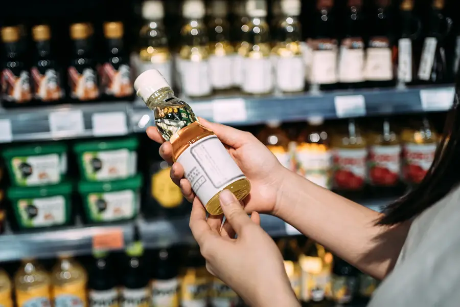 Beskåret bilde av ung asiatisk kvinne som handler dagligvarer i et supermarked. Står ved en frukt- og grønnsaksavdeling, holder en flaske med økologisk matolje og leser næringsinnholdet på etiketten.