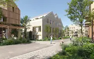Bildet viser illustrasjon av boligprosjektet Oksenøya Bruk - et samarbeidsprosjekt mellom OBOS og Thon Eiendom