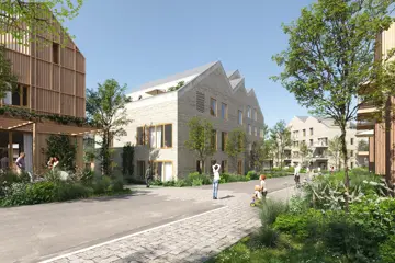 Bildet viser illustrasjon av boligprosjektet Oksenøya Bruk - et samarbeidsprosjekt mellom OBOS og Thon Eiendom