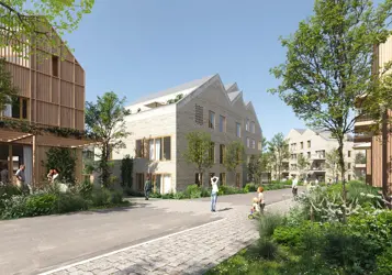 Bildet viser illustrasjon av boligprosjektet Oksenøya Bruk - et samarbeidsprosjekt mellom OBOS og Thon Eiendom