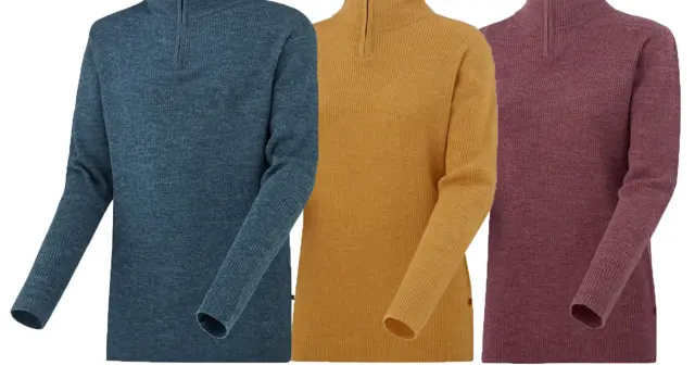 kollasj av tre produktbilder av jotunheim skåla strikkegenser i blå, gul og rød