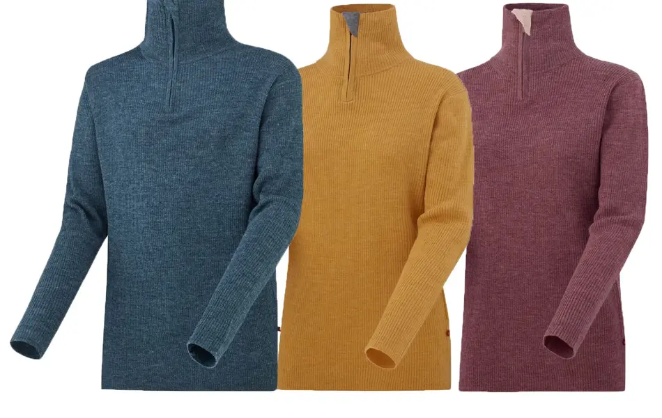 kollasj av tre produktbilder av jotunheim skåla strikkegenser i blå, gul og rød