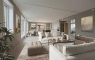 Illustrasjon av leilighet B601 i Skårerløkka PREMIUM. Bildet viser en stue i lyse farger.