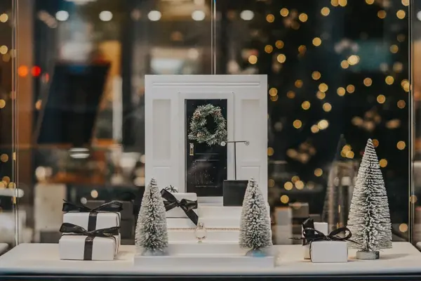 utstillingsvindu med julepynt og produkter fra david-andersen, juletre i bakgrunnen