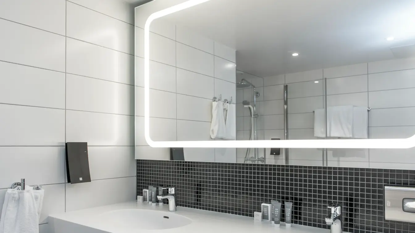 Bad med baderomsartikler på businessrom Thon Hotel Orion i Bergen Sentrum